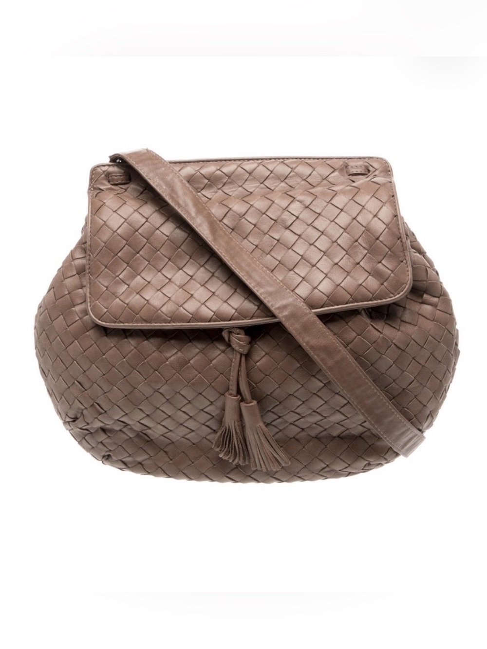 Bottega Veneta Taupe Intrecciato Leather Shoulder Bag with Tassel